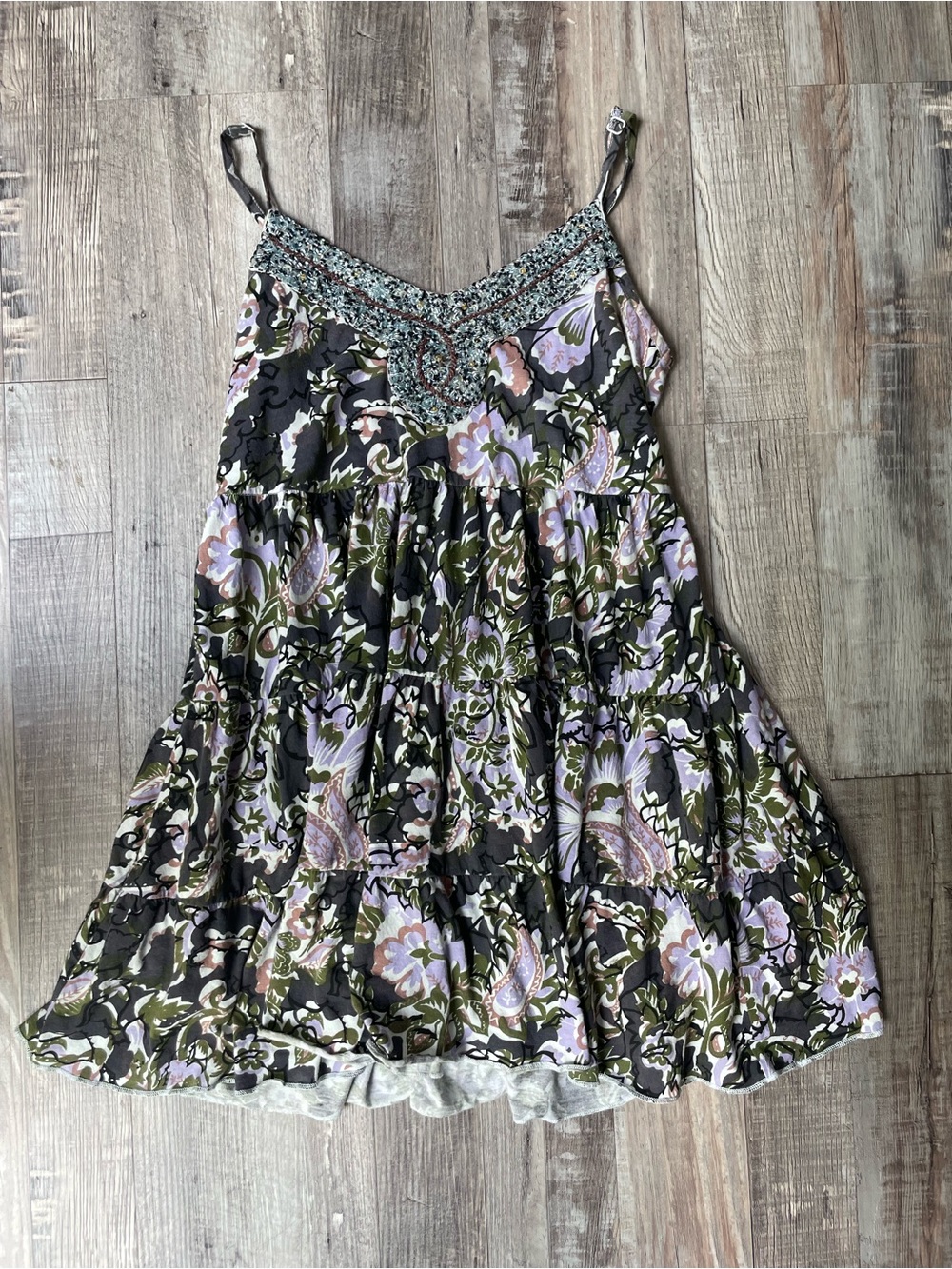 Free People Olive & Lavender Floral Tiered Sundress